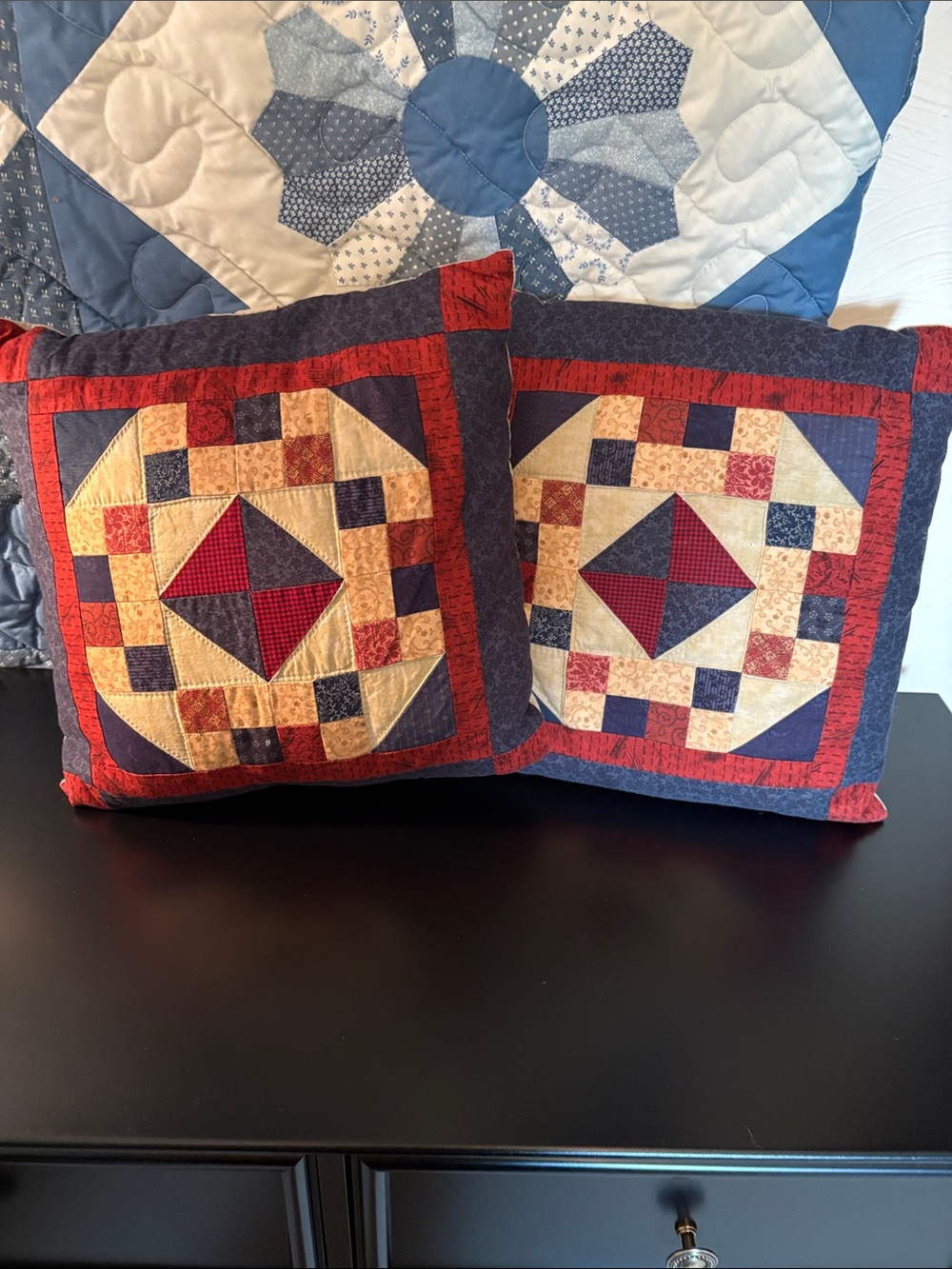 Amish made Patchwork Decorative Pillow Pair - Red, Navy & Cream